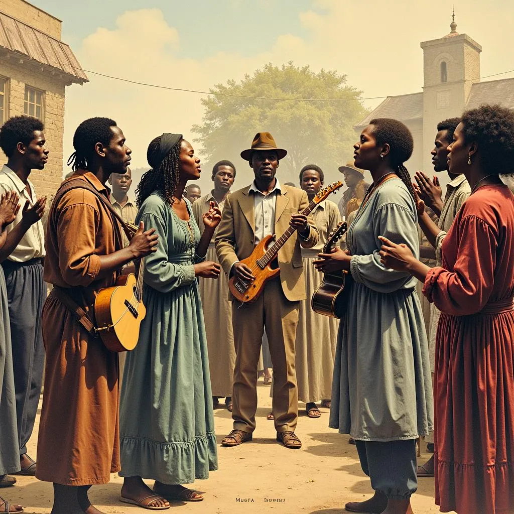 A group of enslaved people singing and playing instruments