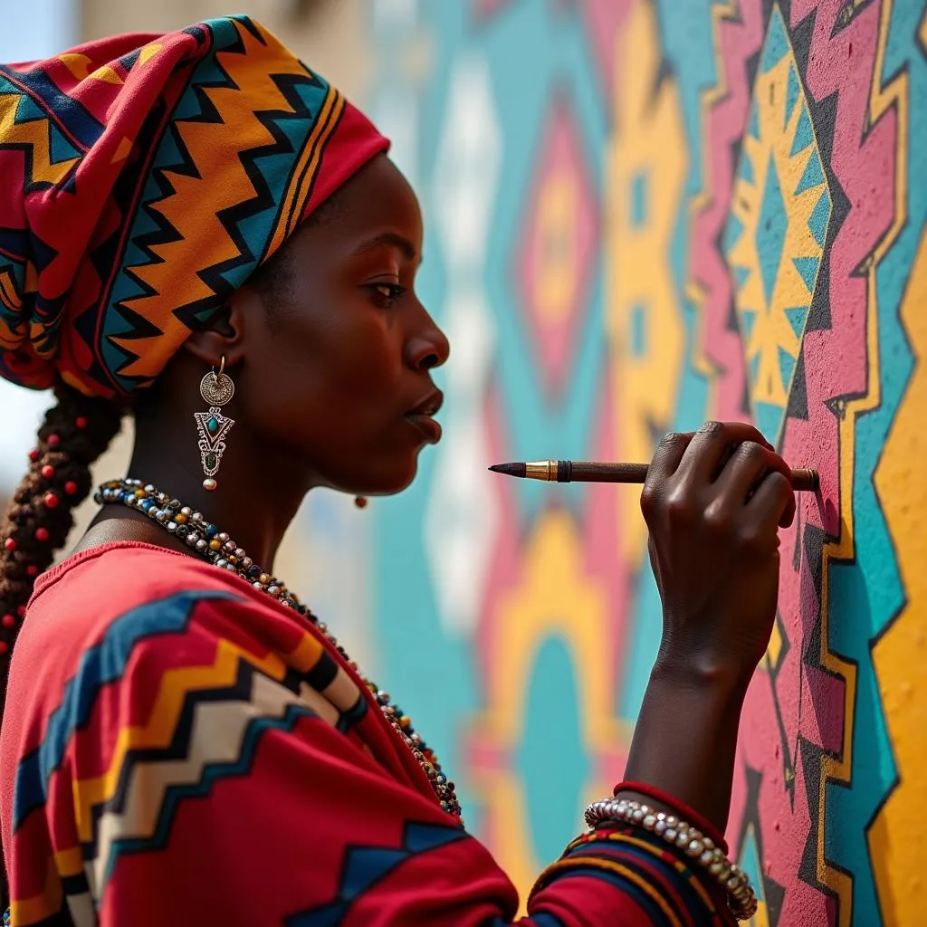 Esther Mahlangu painting a Ndebele mural