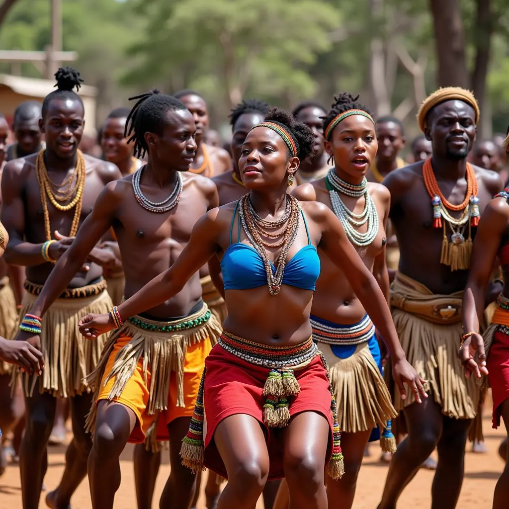 Traditional Swazi dancers in vibrant attire performing a cultural dance.