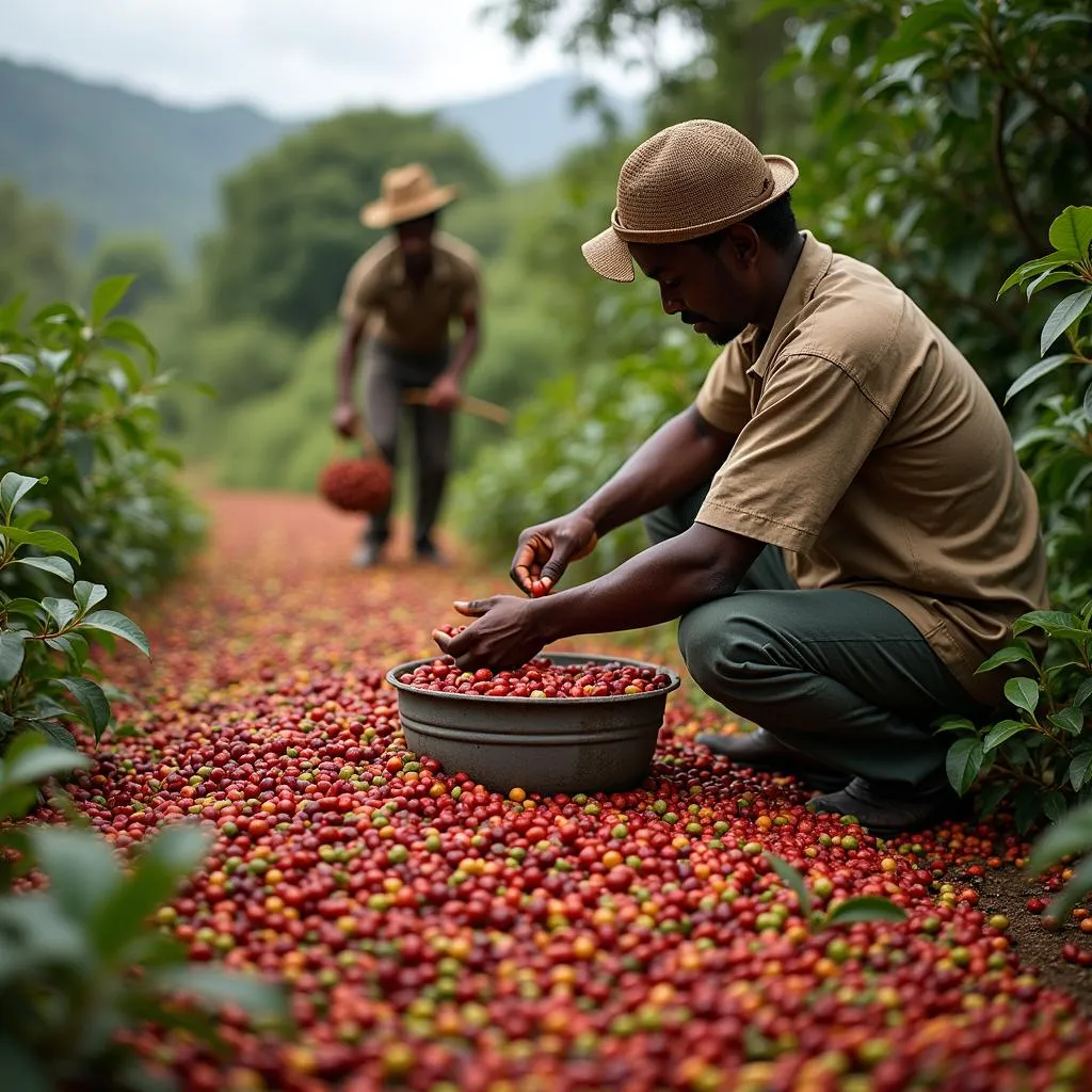 Ethiopian coffee farmer carefully handpicking ripe coffee cherries from a branch.