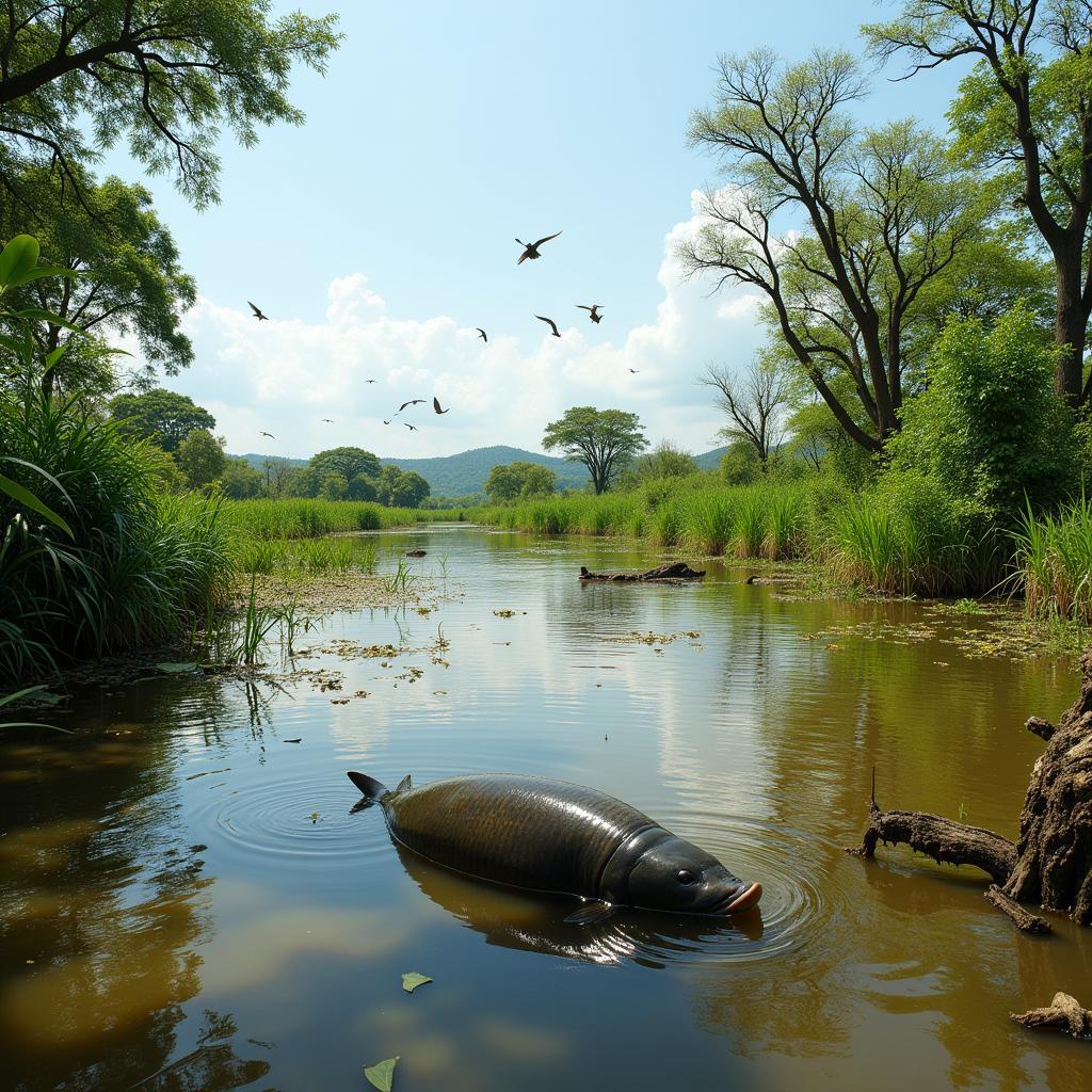 Ethiopian wetlands with a catfish and birds