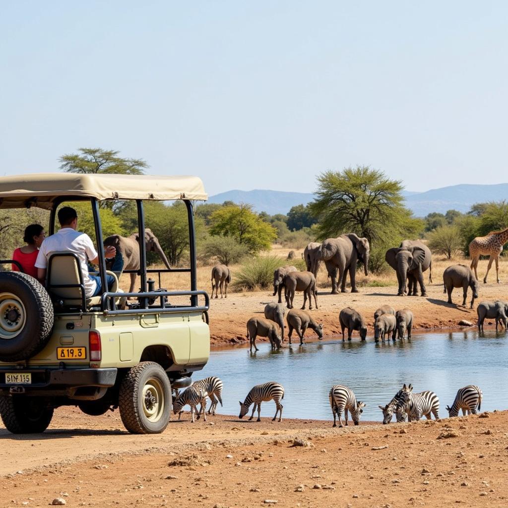 Safari vehicles gathered around a watering hole in Etosha National Park