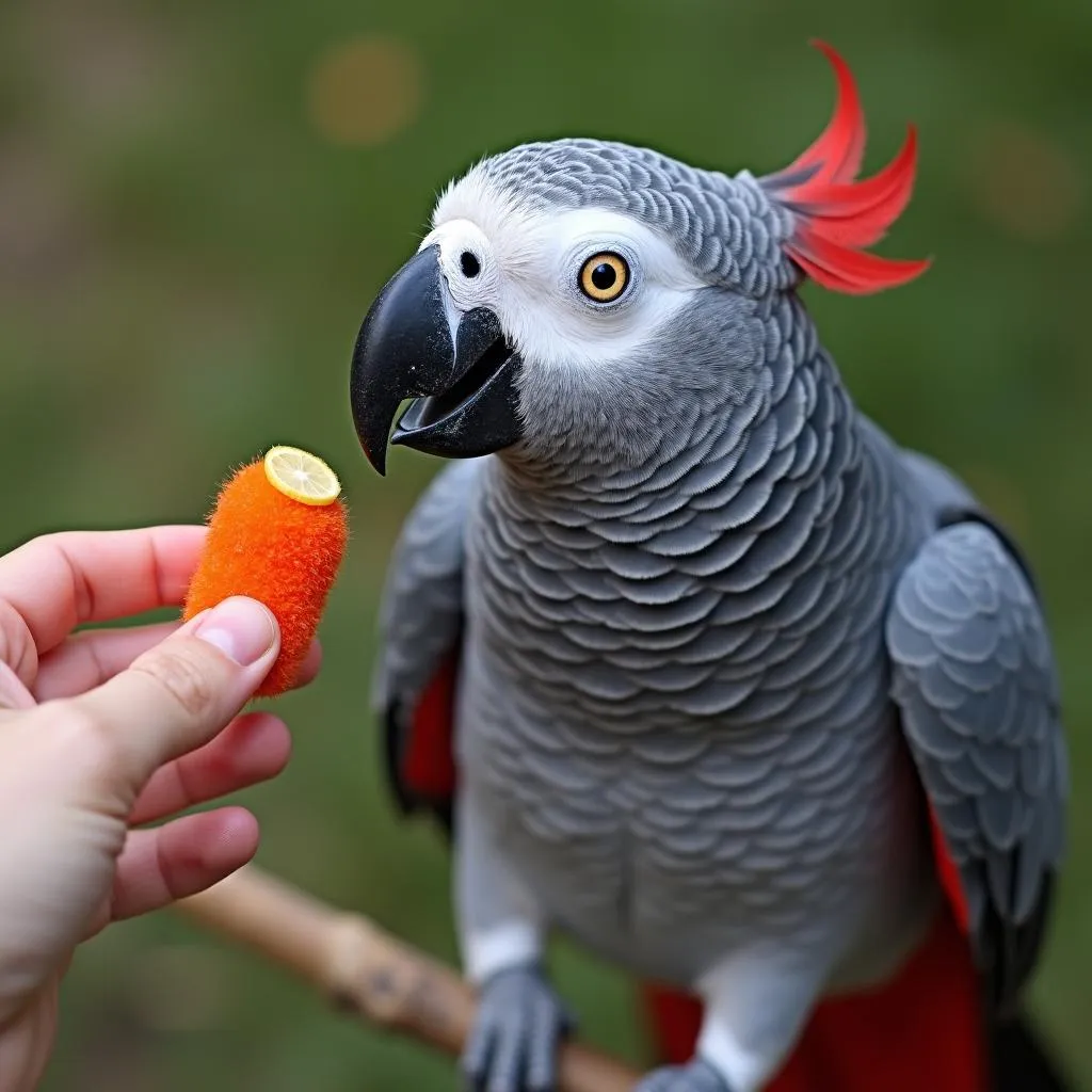 Excited African Grey bobbing head for toy