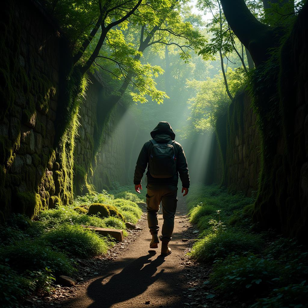 Explorer amidst ancient ruins in the African rainforest