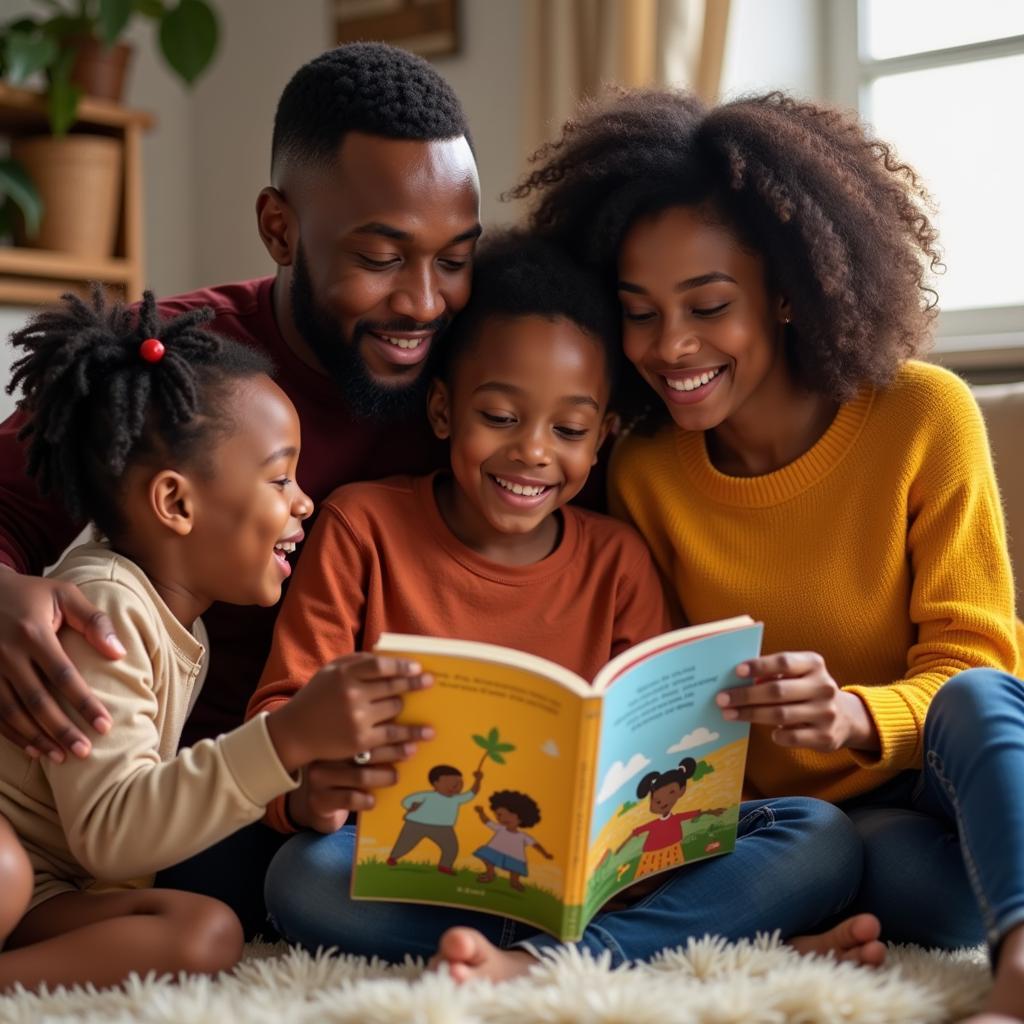 A family enjoying story time with an African American children's book