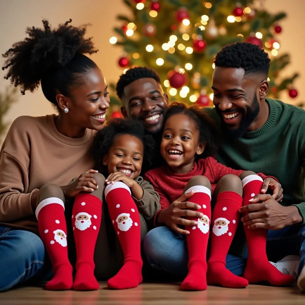 Family Wearing Matching Black Santa Socks for Christmas