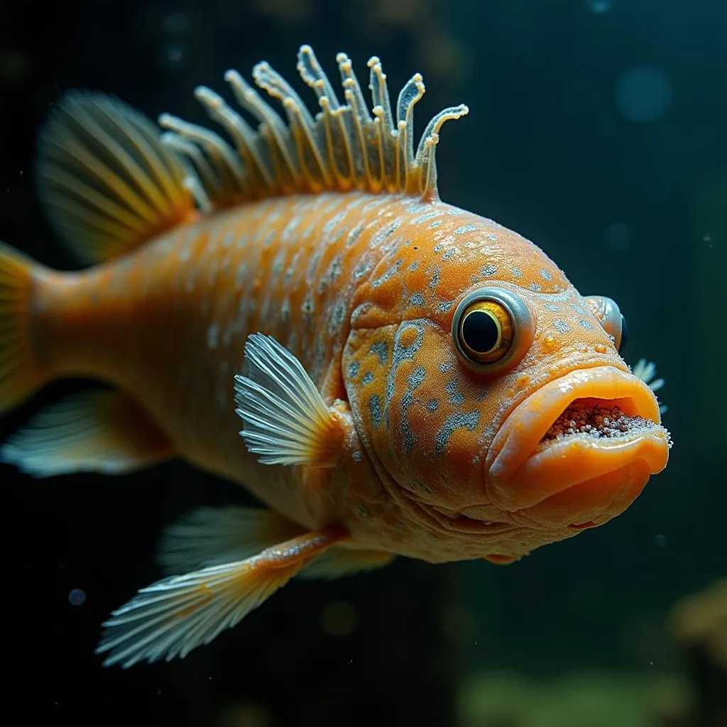 Close-up shot of a female African cichlid with a mouthful of eggs, showcasing its maternal instincts.