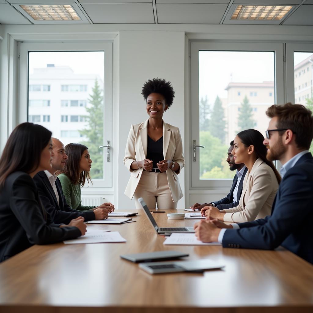 Female entrepreneur leading a meeting in a modern office