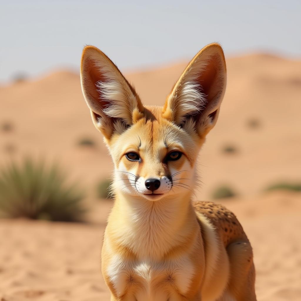 Fennec fox with ears perked up in the desert