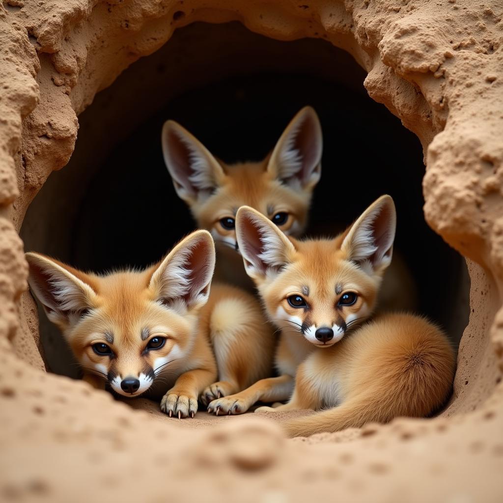 Fennec fox family in their burrow