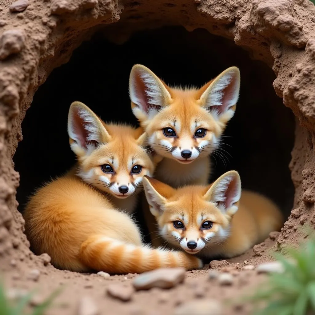 Fennec fox family huddled together in their den