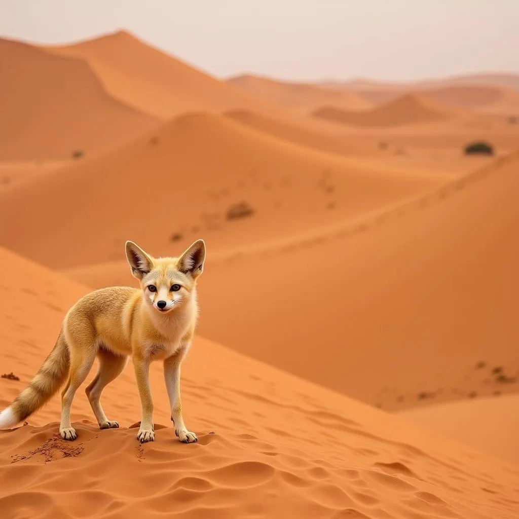 Fennec fox standing on sand dune