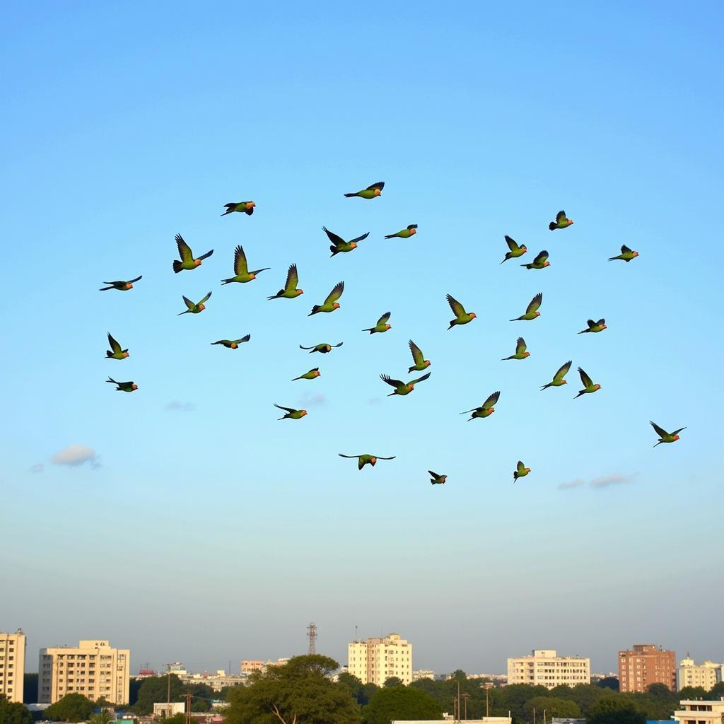 Flock of African Lovebirds in Flight over Trichy