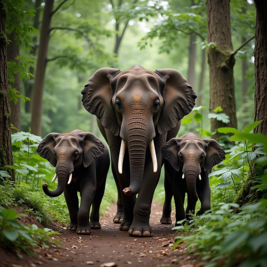 A family of forest elephants traversing the rainforest floor