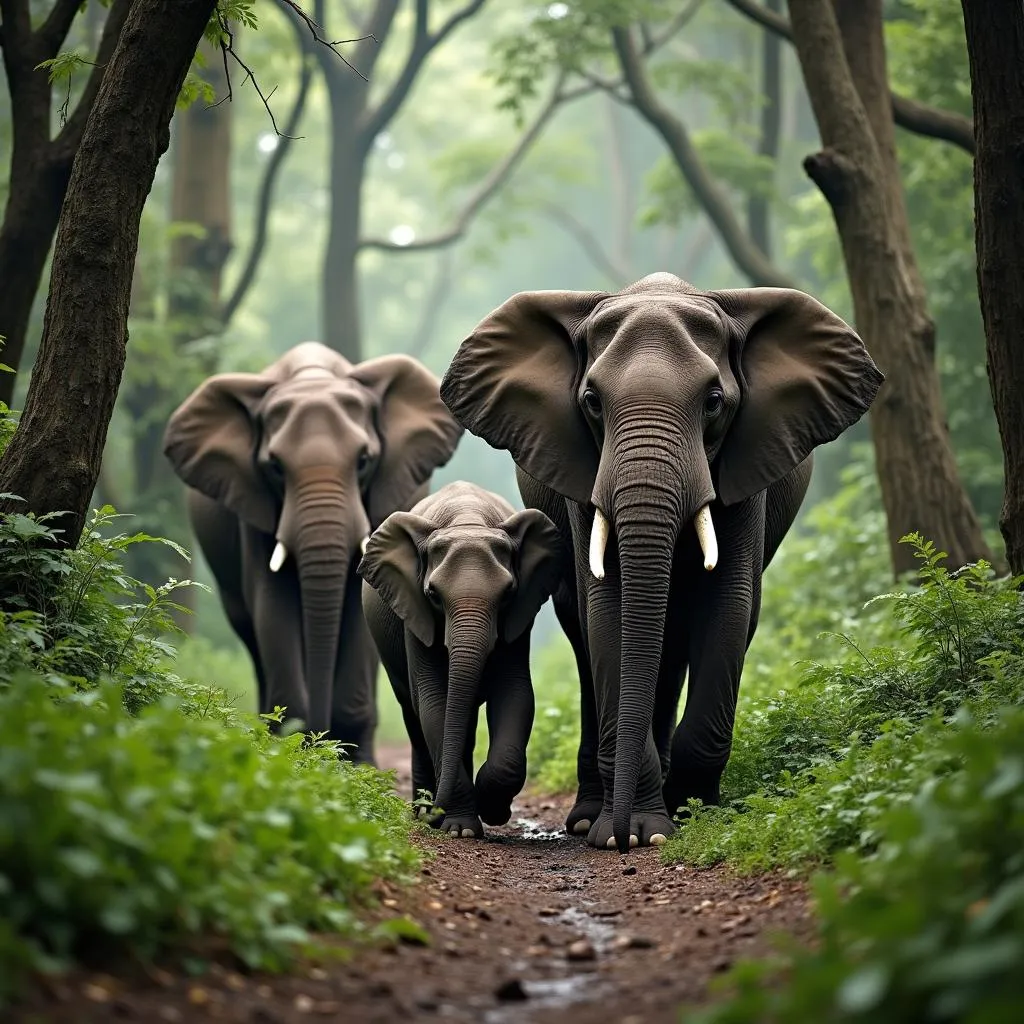 A herd of forest elephants moving through the African rainforest