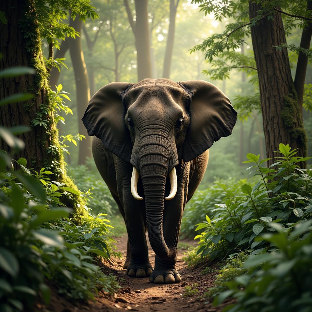 African Forest Elephant Navigating Dense Rainforest