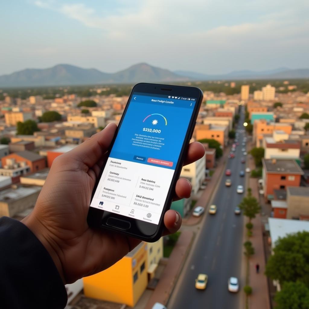 A hand holding a smartphone with a mobile banking app open