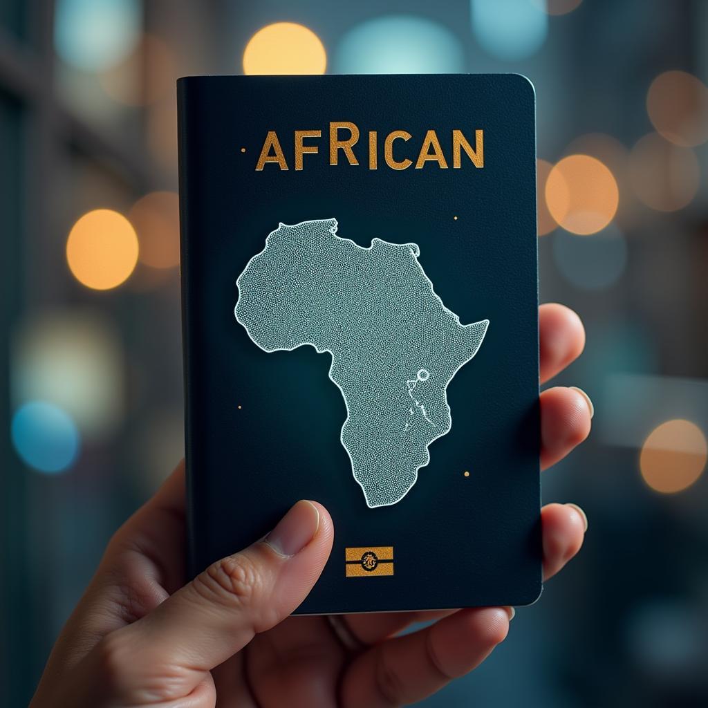 Future of African Passport Technology: A hand holding a biometric passport with a holographic image of the African continent.