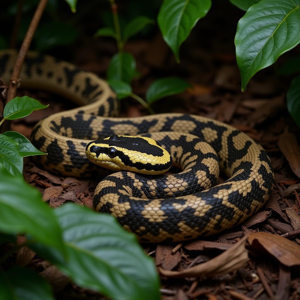 Gaboon Viper Camouflaged in Leaf Litter