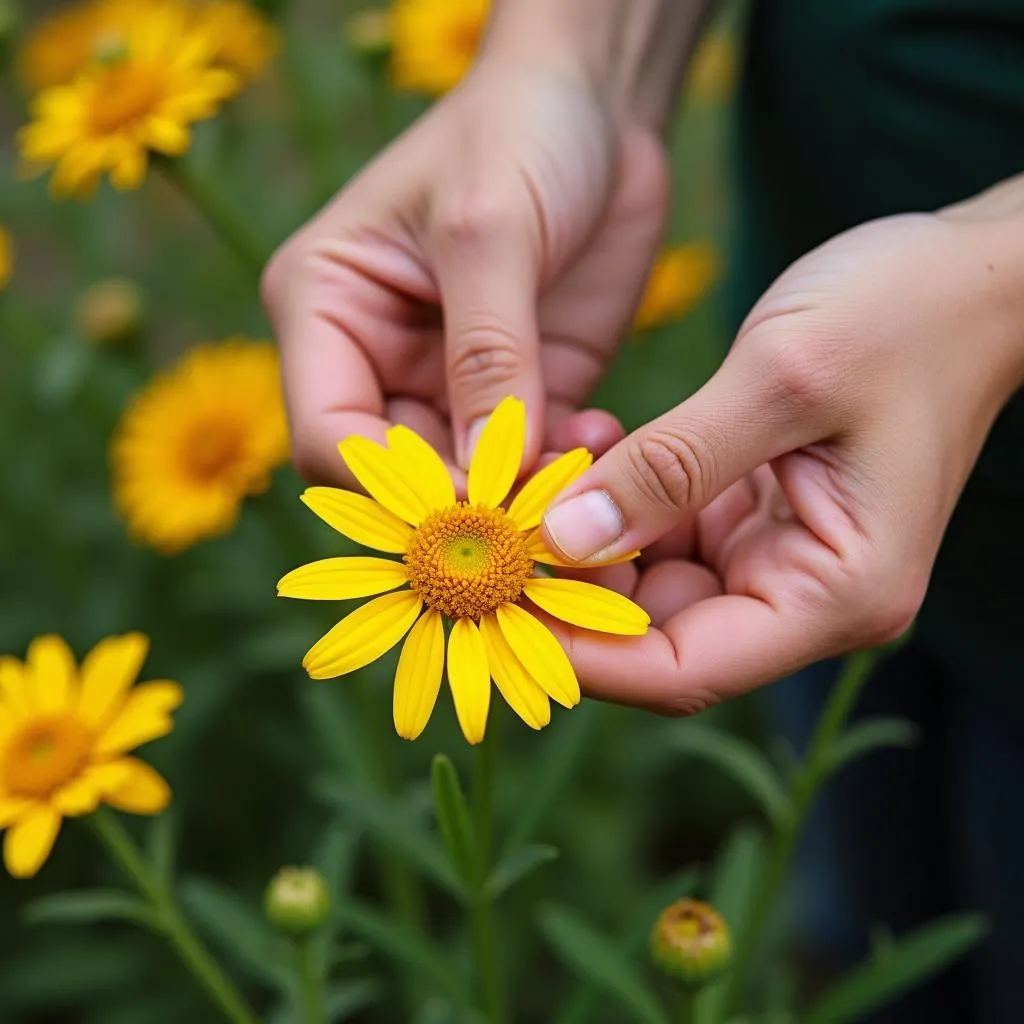 Close-up of hands deadheading spent blooms on African daisy plants