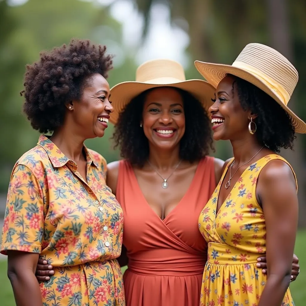 Three generations of African American women, all wearing church hats, smile for a photo