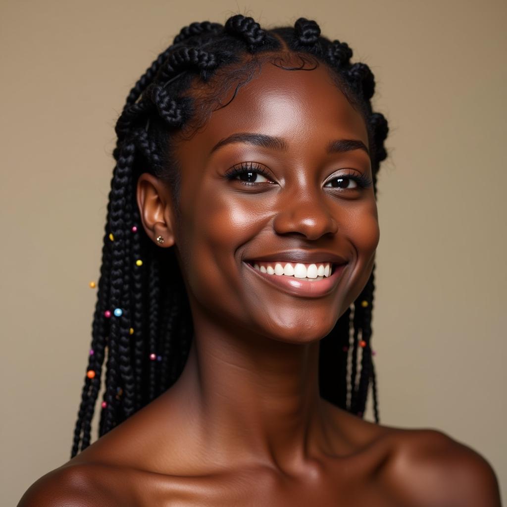 A woman with intricate Ghana braids adorned with beads