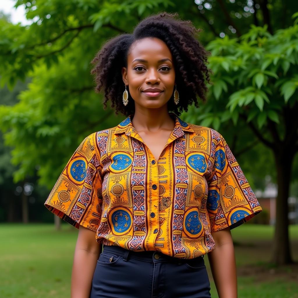 Woman wearing a vibrant Kente blouse