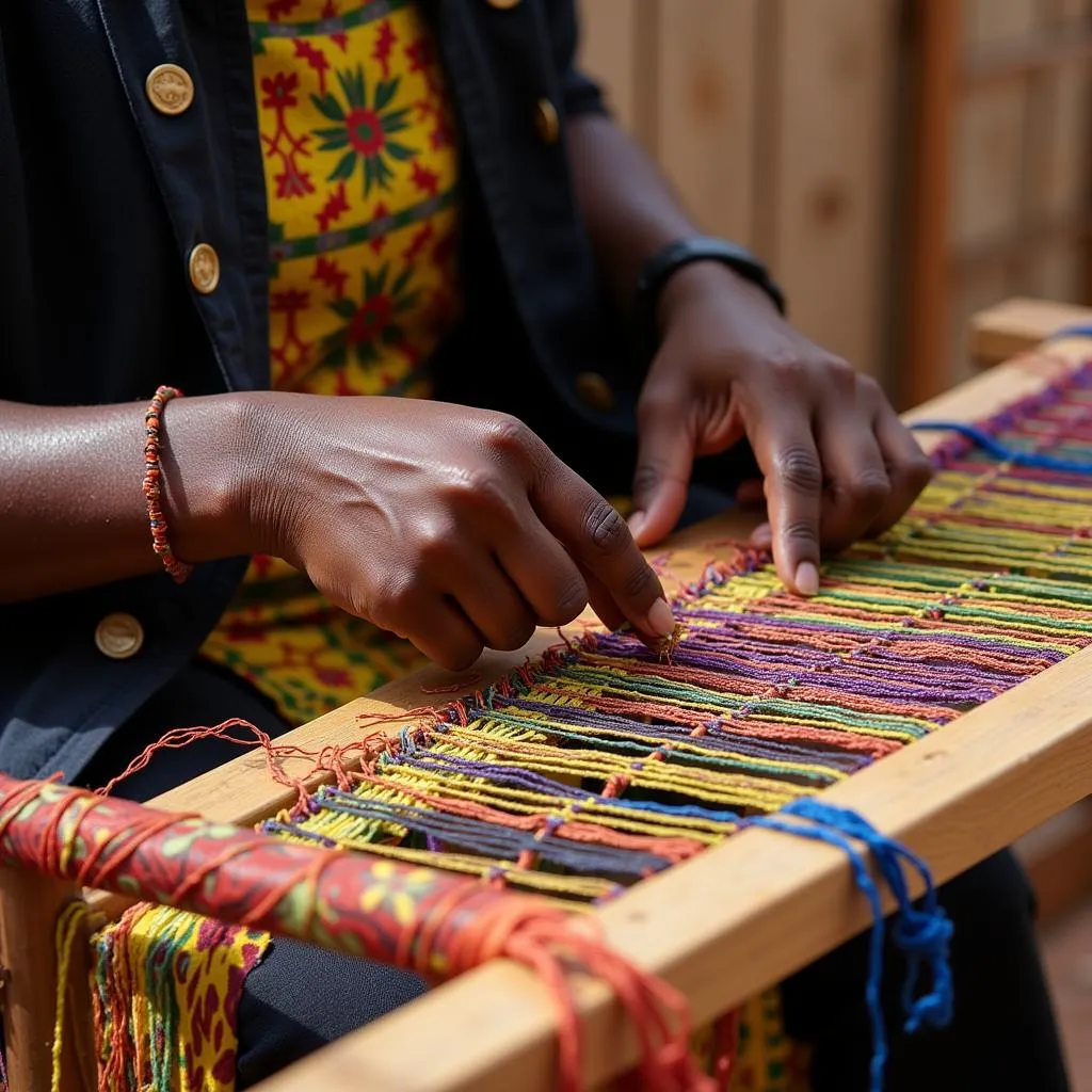 A Ghanaian artisan weaving intricate patterns on a kente cloth