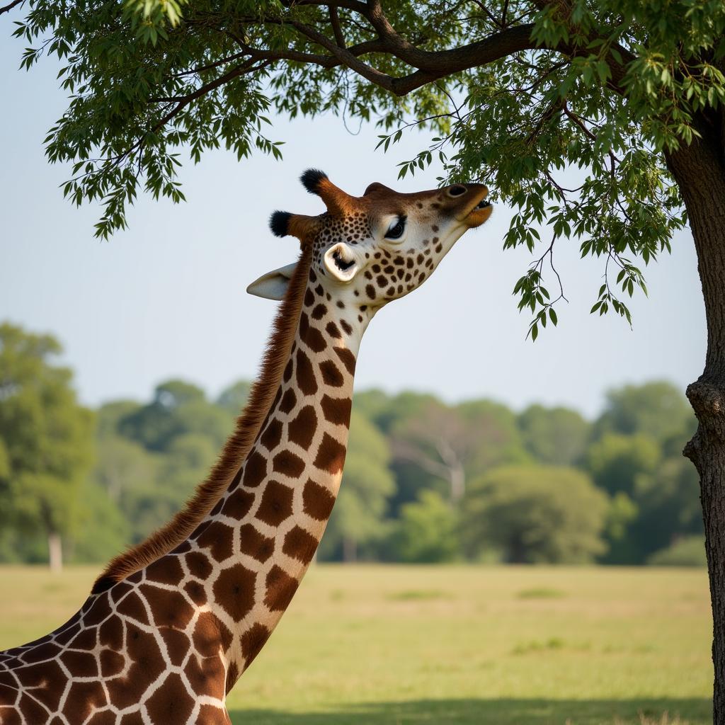 Giraffe Feeding on Acacia Tree