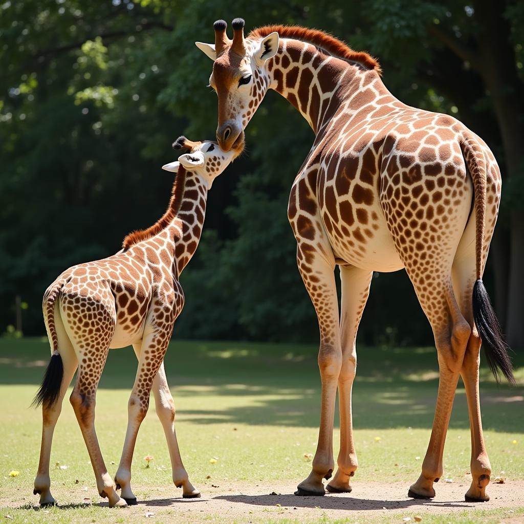 Giraffe calf nursing from its mother