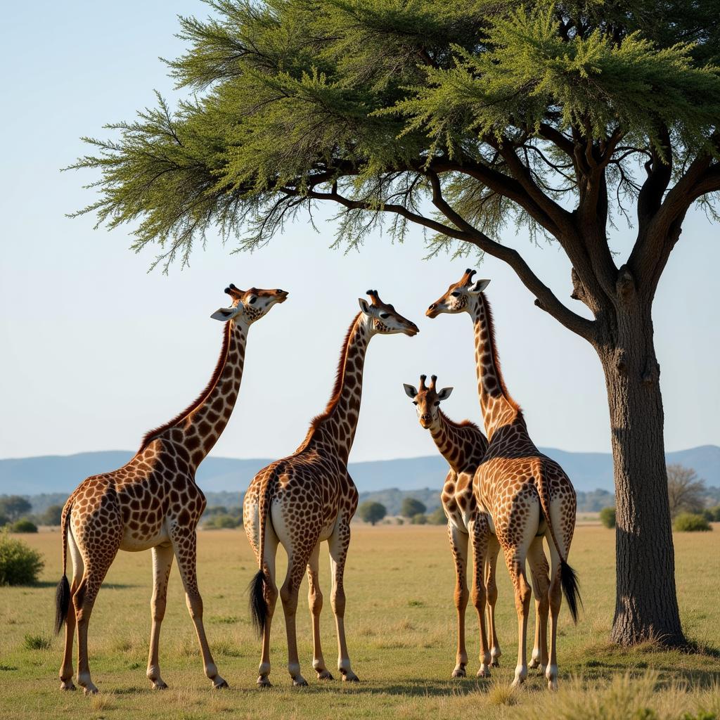 Giraffe family browsing acacia trees