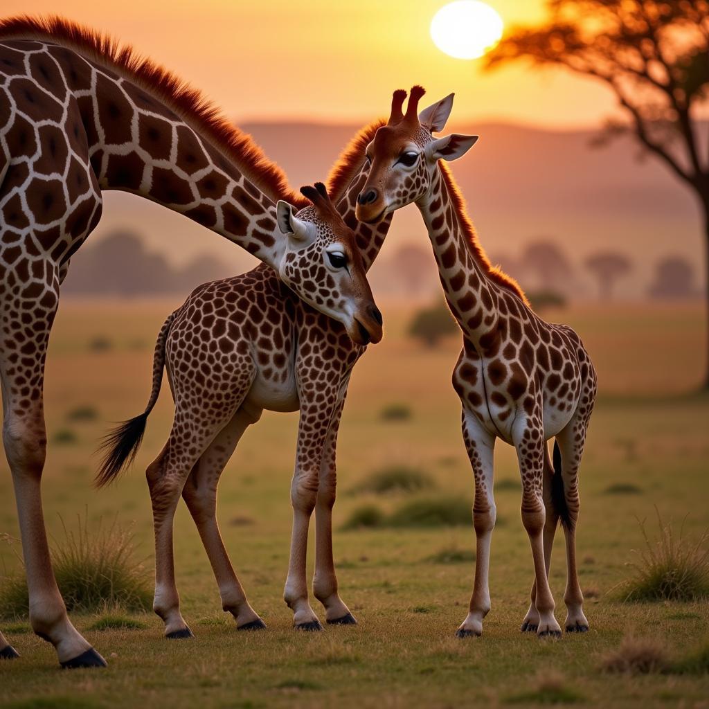 Newborn giraffe standing next to its mother