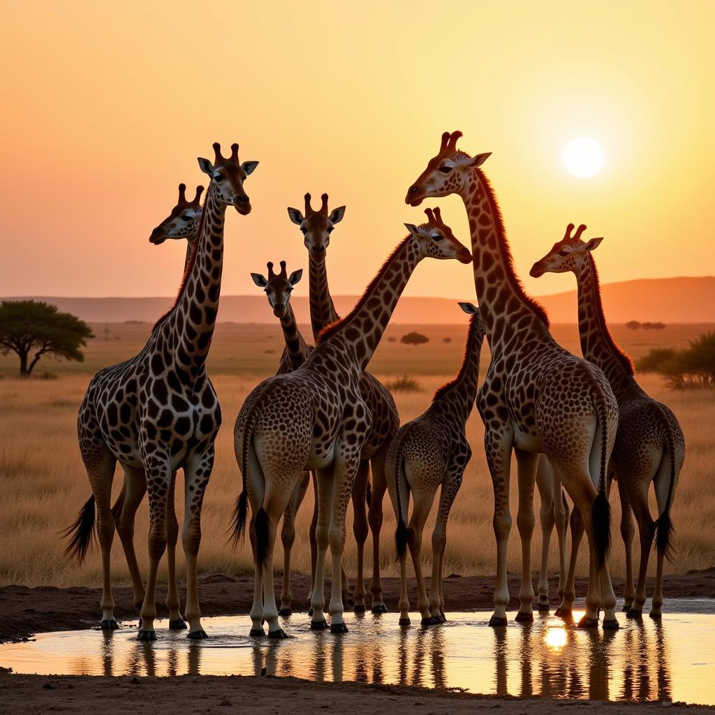 Giraffes gathering at a waterhole in the savanna