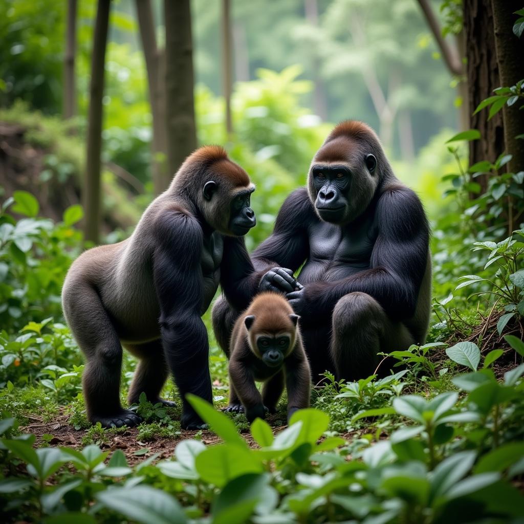 Gorilla Family Foraging in Rainforest