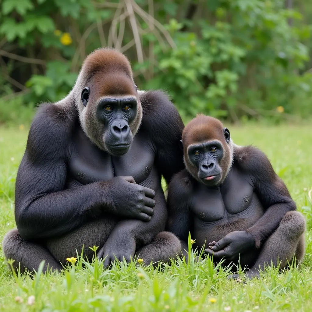 Gorilla Family Relaxing in a Clearing