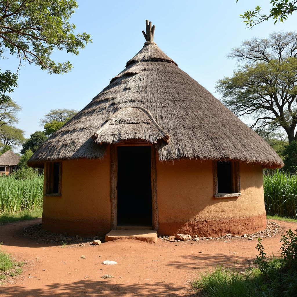 Great Lakes region home with a conical thatched roof.