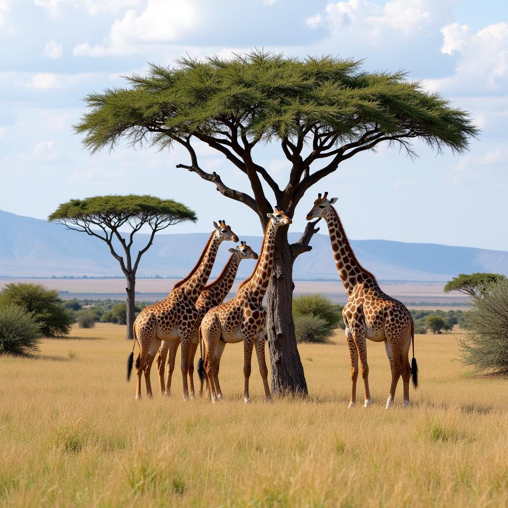 Group of African giraffes grazing in the African savanna