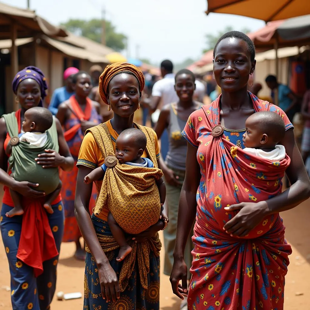 Group of African women baby wearing at a market