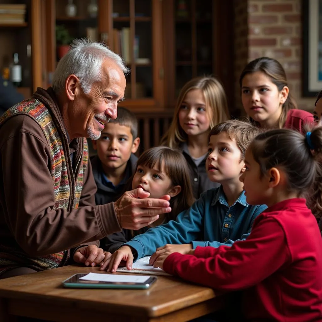 Group of children learning traditional song from elder