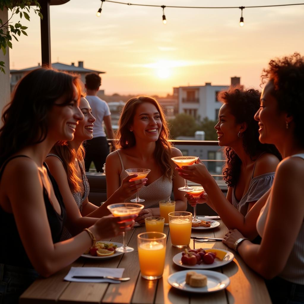 Group of diverse friends toasting cocktails at a vibrant rooftop party