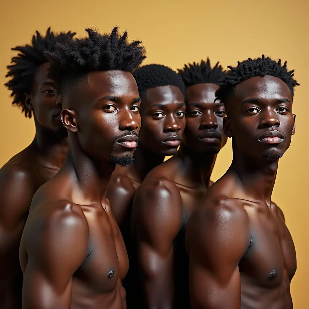 Diverse group of African American male models pose for a fashion campaign.