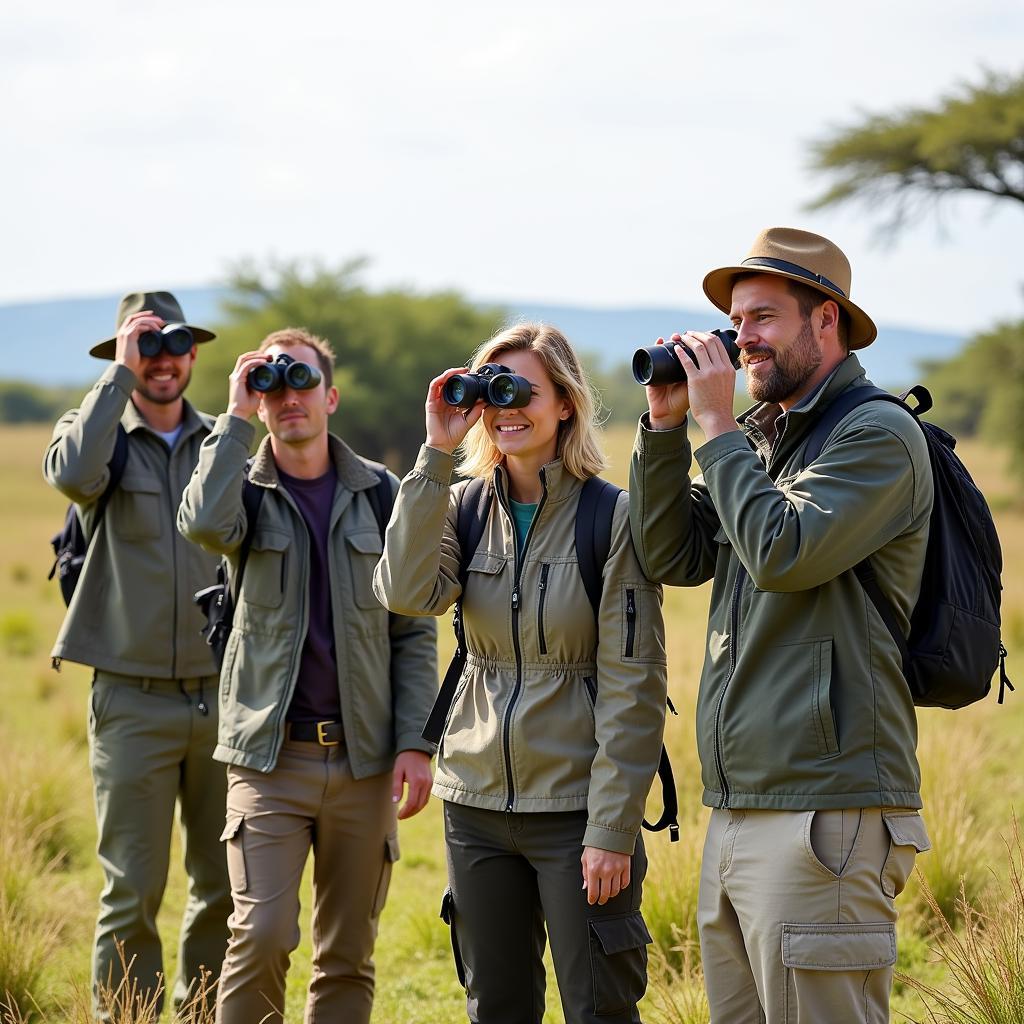 Bird watchers using binoculars and recording equipment in an African savanna