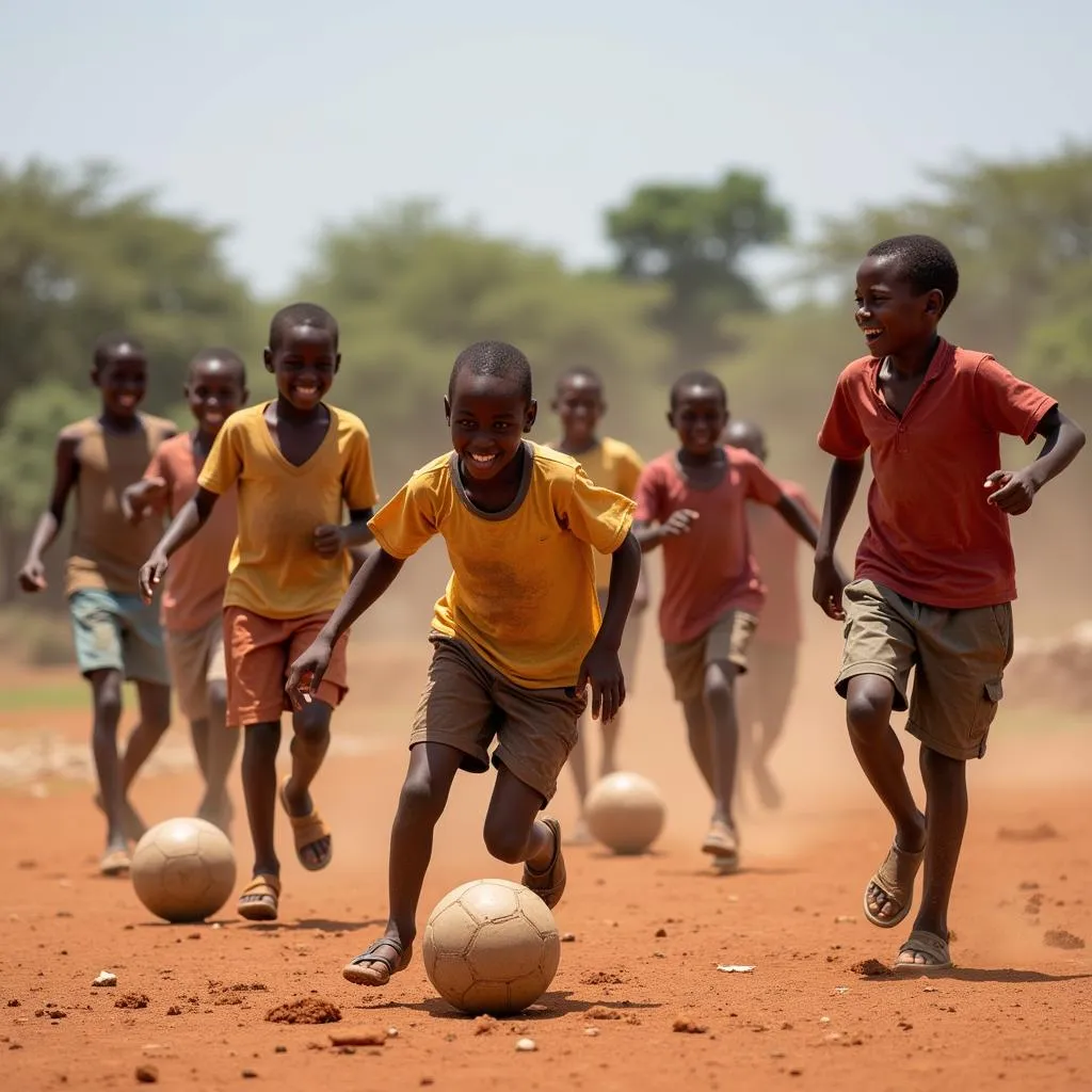 Happy African children enjoying a game of soccer