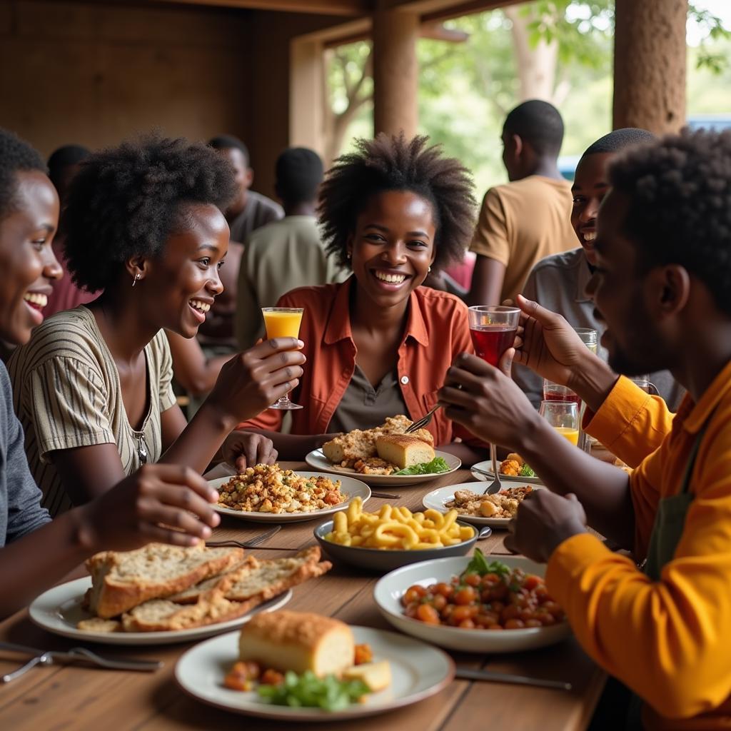 Group of African Explorers Celebrating with Local Community