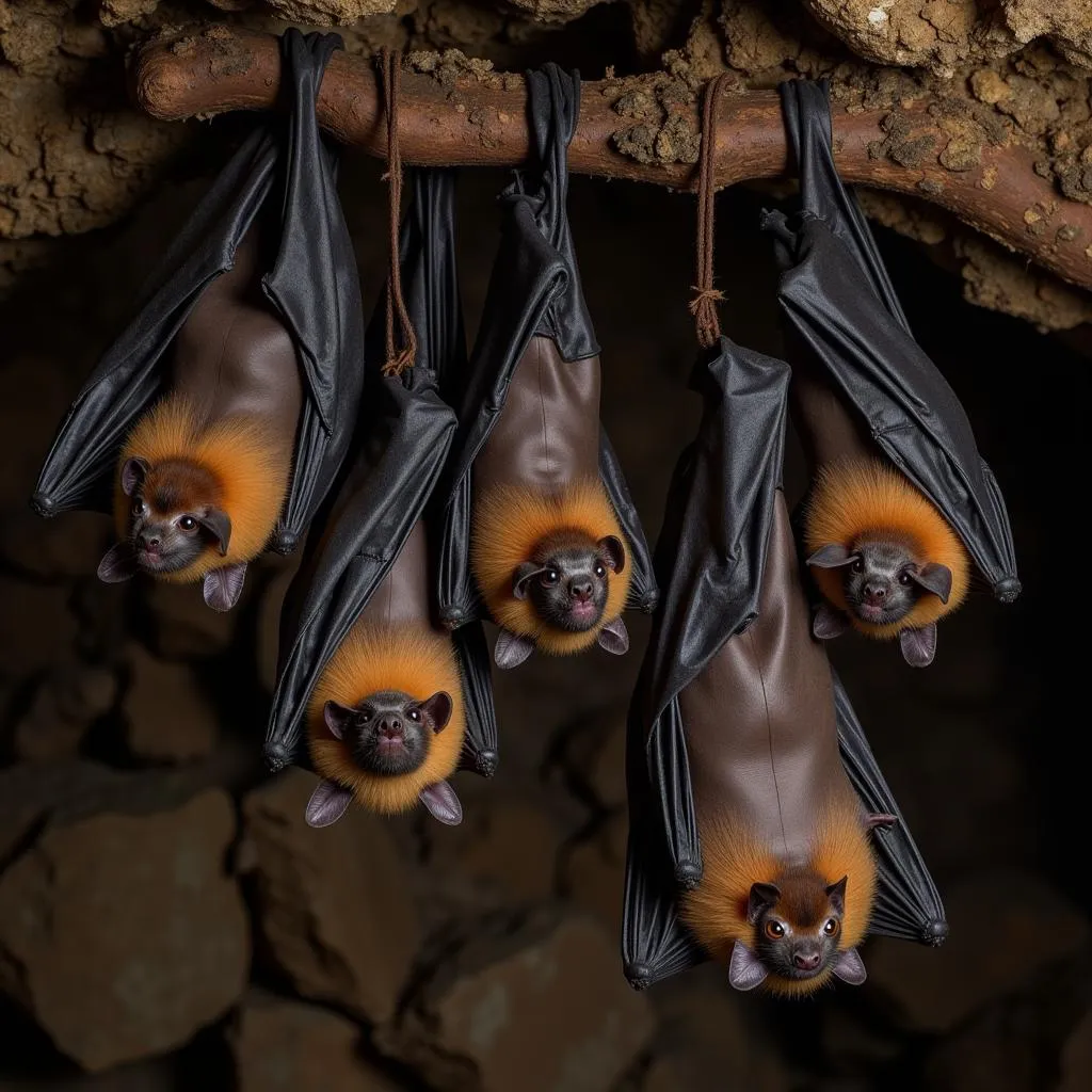 A colony of African fruit bats roosting upside down in their natural habitat