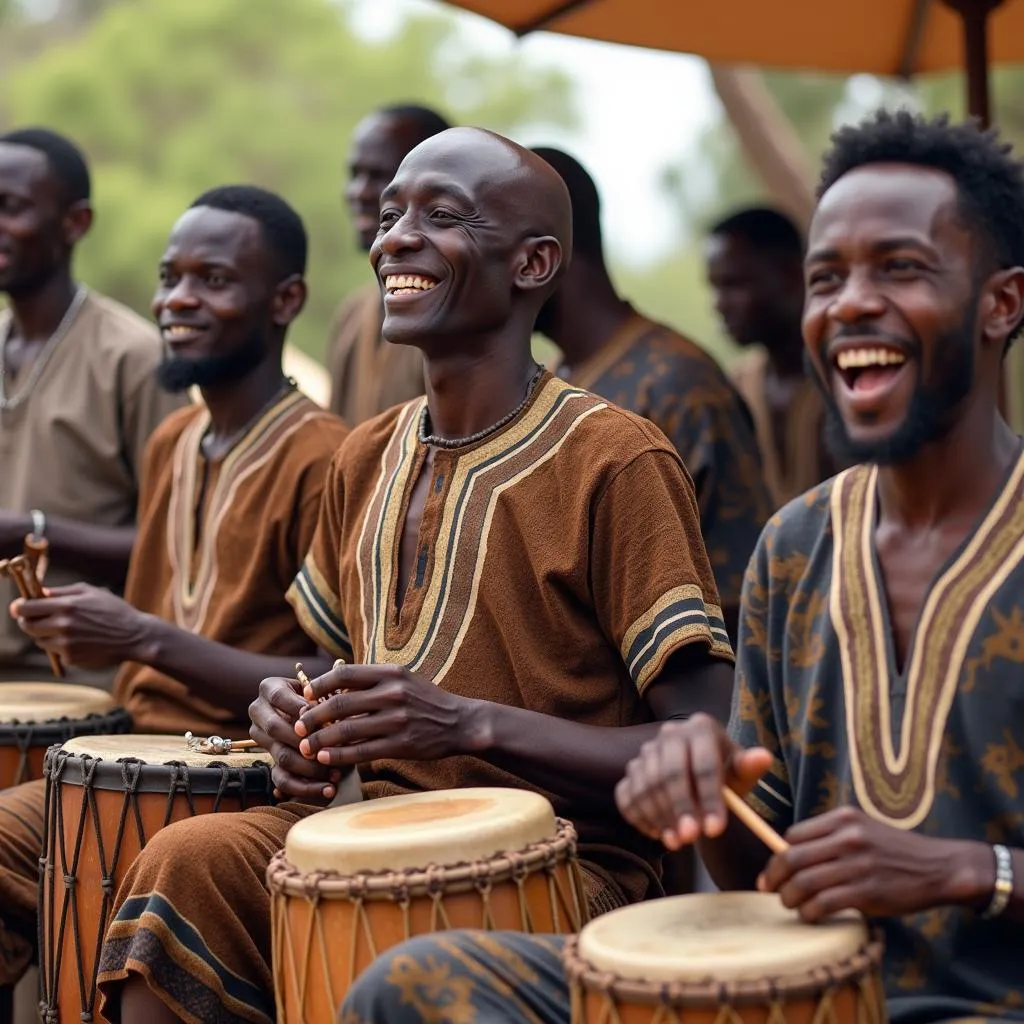 A group of African men joyfully playing music together in an outdoor setting.