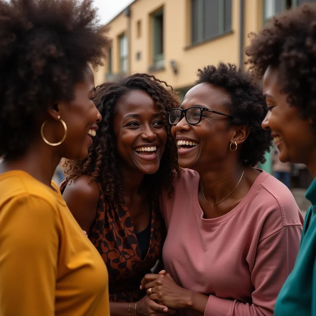 A group of African women, young and old, share a laugh together, their joy and camaraderie evident in their expressions.