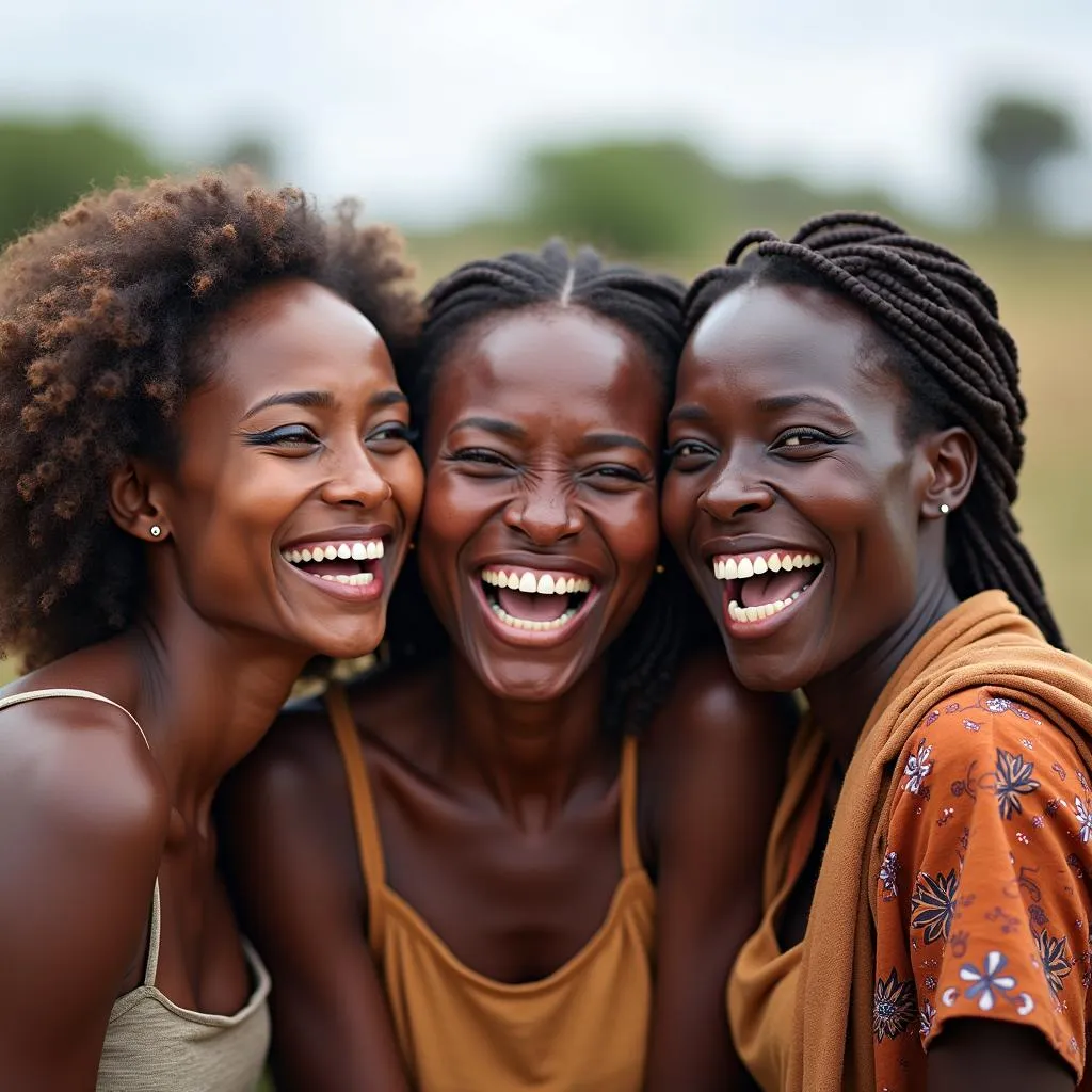 Three African women laughing together in a rural village