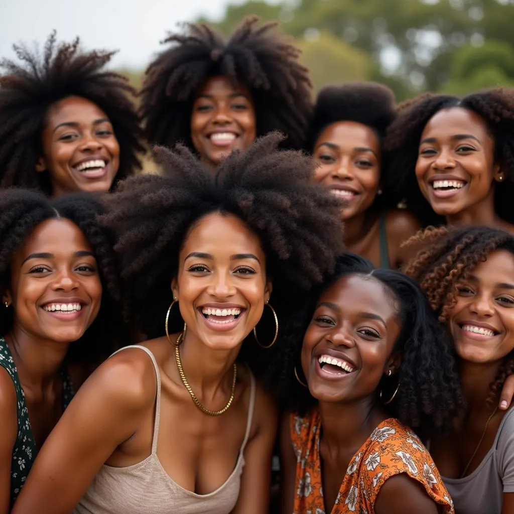 Group of African women smiling and showing natural hairstyles