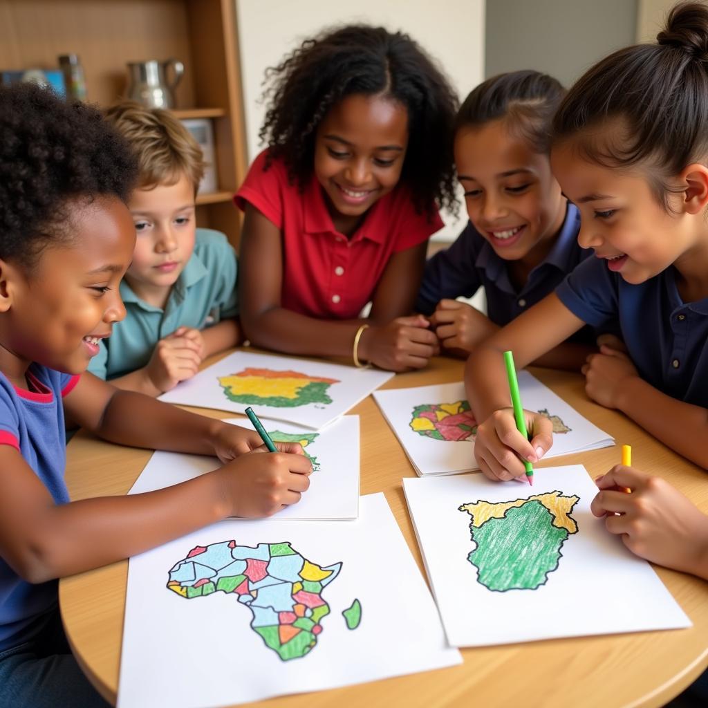 Group of Children Coloring African Flags 